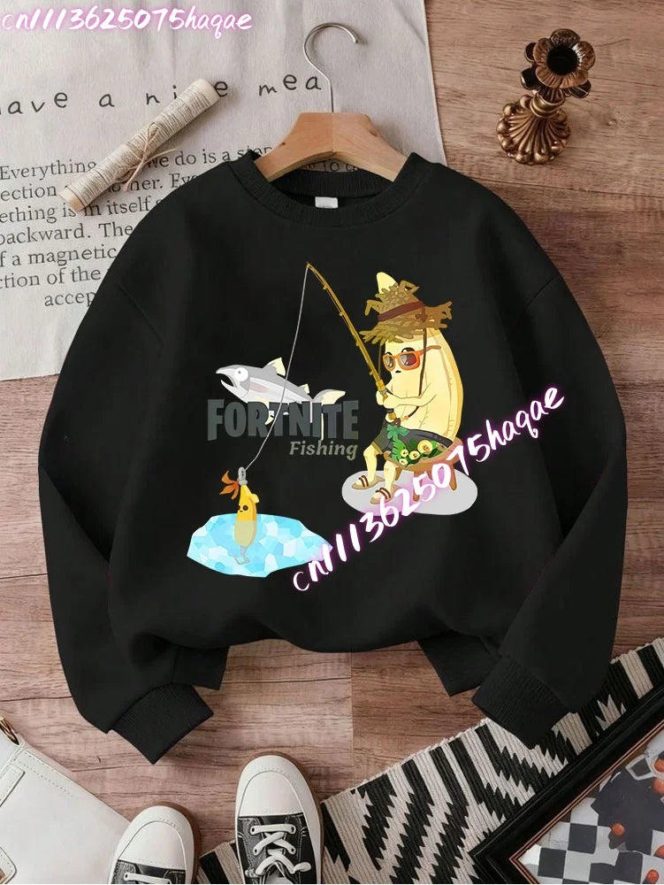 Sweat-shirts Fortnite novos para criança, hoodie com estampado de personagem de jogo em estilo cartoon, camisolas casuais de outono para criança, roupa de inverno para bebé menino