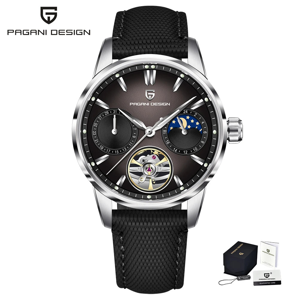 PAGANI DESIGN – Luxe mechanisch herenhorloge, 41 mm, saffierglas, leren band, waterdicht, pilotenstijl, met tourbillon en maanfase