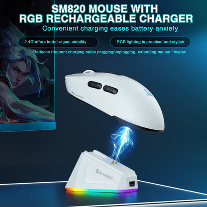 SOLAKAKA SM820 trådlös mus i tre lägen med magnetisk laddningsdocka, RGB, PAW3311, 24000DPI, trådlös makro-gamingmus, ultralätt