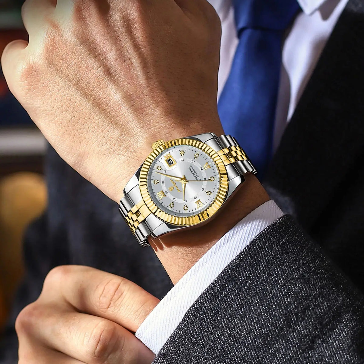 Klassische und luxuriöse Quarz-Herrenuhr von POEDAGAR – Edelstahlgehäuse, Datumsanzeige, wasserdicht, leuchtende Zeiger – Elegante Armbanduhr für die Arbeit oder formelle Anlässe