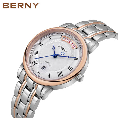 BERNY Women Watch Ladies Quartz Roman Numerals Day Top Calendar Watches Sapphire Glass Solid Steel Strap Women Wristwatch