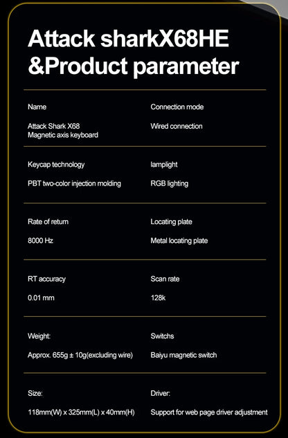 Attack Shark X68HE Gaming Keyboard Wired 8K Polling Hall Effect Magnetic Switch Rapid Trigger SOCD/RS Low Latency Pro Gaming