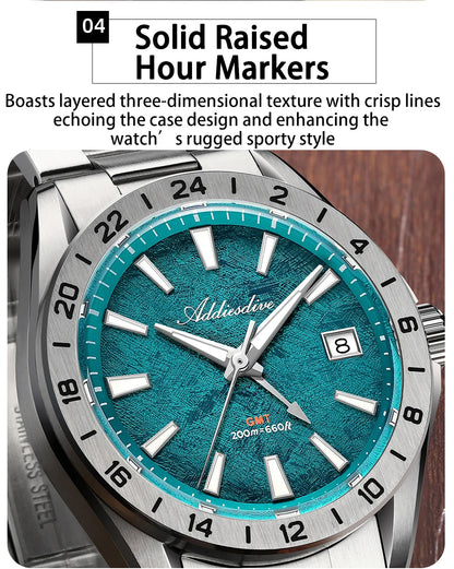 ADDIESDIVE GMT Men Quartz Watch Sapphire Crystal Swiss Ronda 515-24H Dual Time BGW9 Super Luminous 20Bar Waterproof Diver Watch