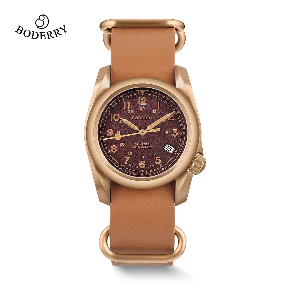 Boderry Field Watches Bronze Case Automatic Mechanical VOYAGER Watch Men's 100M Waterproof Clock Military Top Brand Wristwatch