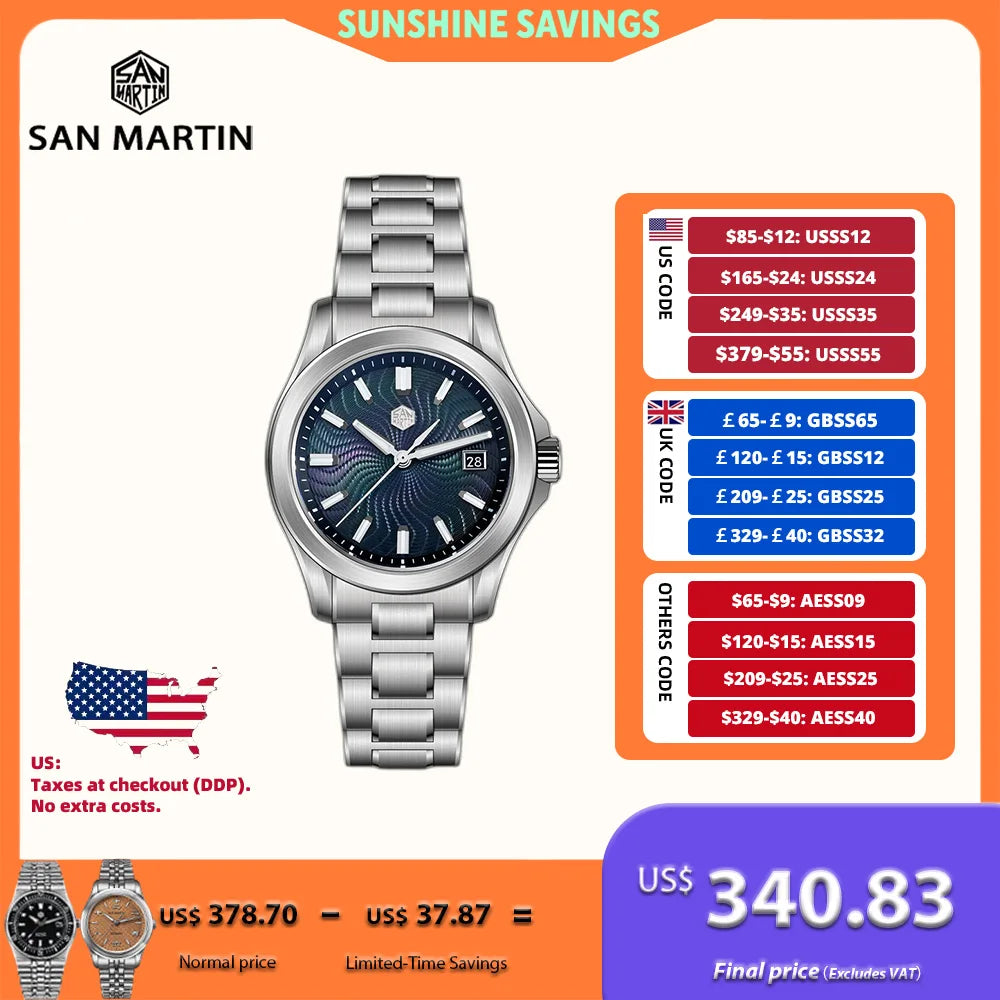 San Martin 39mm Miyota 9015 Turbine Guilloche MOP Dial Men Luxury Watch Automatic 3H Date Quick Adjust BGW-X1 Luminous SN0150-1