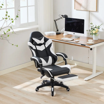 360 ° - Swivel Ergonomic Racing Design Gaming Chair Leather High Back Office Chair Height Adjustable Task Chair, Black&White