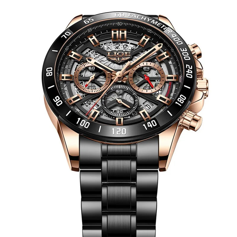 LIGE 2024 New Men Watch Top Brand Luxury Hollow Watch Men Waterproof Sport Quartz Chronograph Wrist Watch Man Relogio Masculino