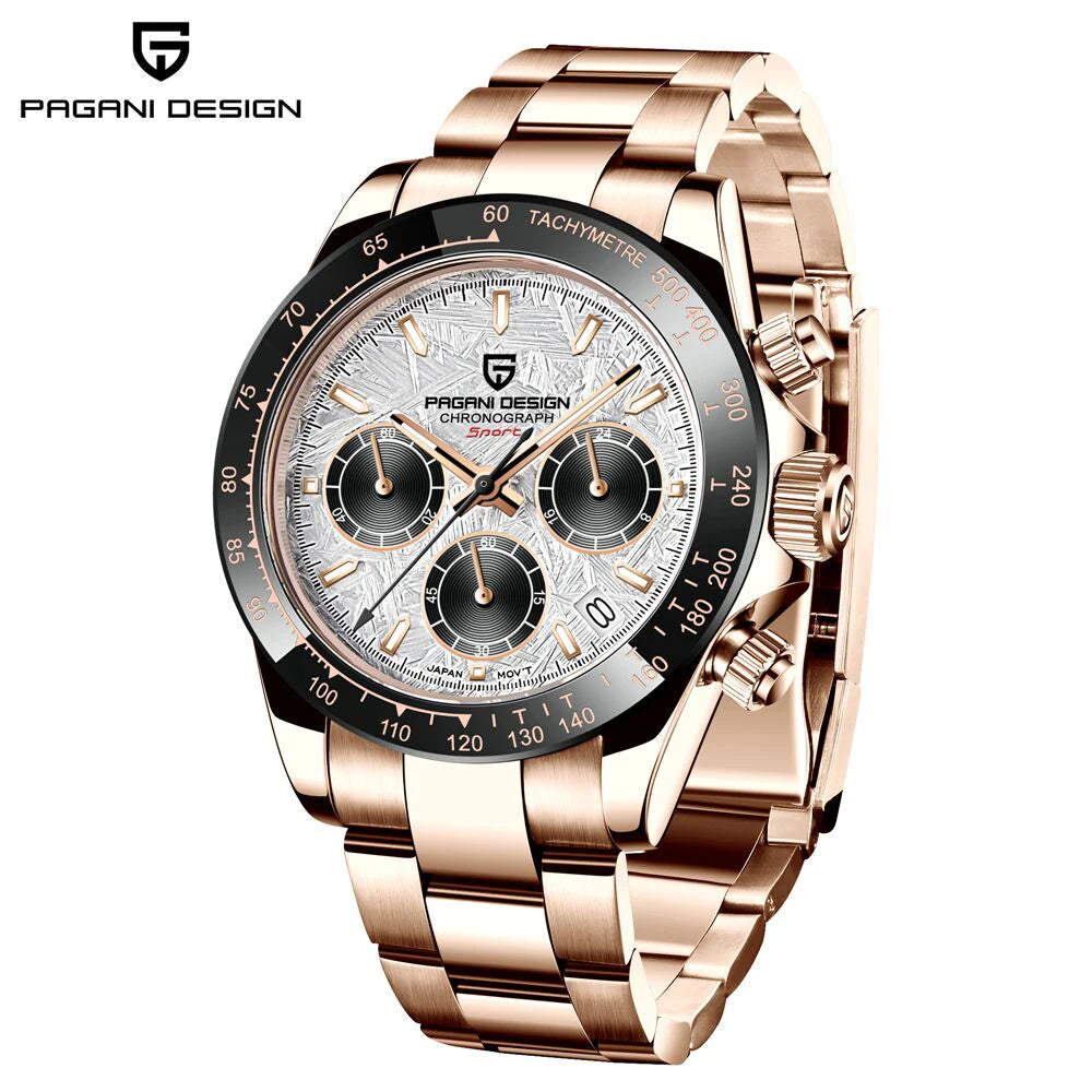 Męski zegarek chronograf PAGANI DESIGN – Luksusowy zegarek na rękę z mechanizmem kwarcowym, podświetlany i wodoodporny.
