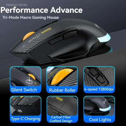 12800DPI 2.4G Wireless Bluetooth Wired Tri-mode Mouse Mute Button Macro Programming Carbon Fiber Gaming Mouse 500mAh 7 Keys