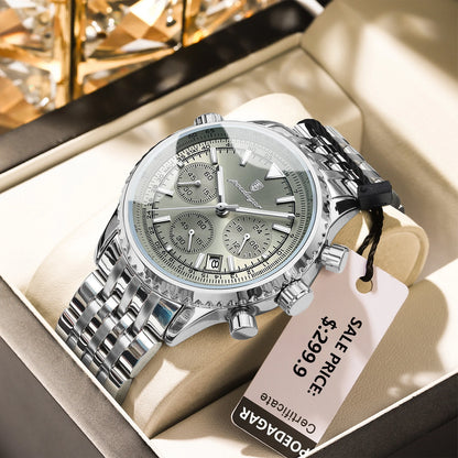 POEDAGAR Fashion Men's Quartz Watch Stainless Steel Waterproof Luminous Man Watch Chronograph Date Multifunction Watches For Men