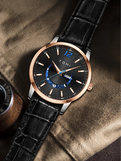 Montre à quartz TOMI, style business et élégant, avec bracelet en cuir, boîtier en alliage et cadran à aiguilles – Design haut de gamme, idée cadeau pour homme