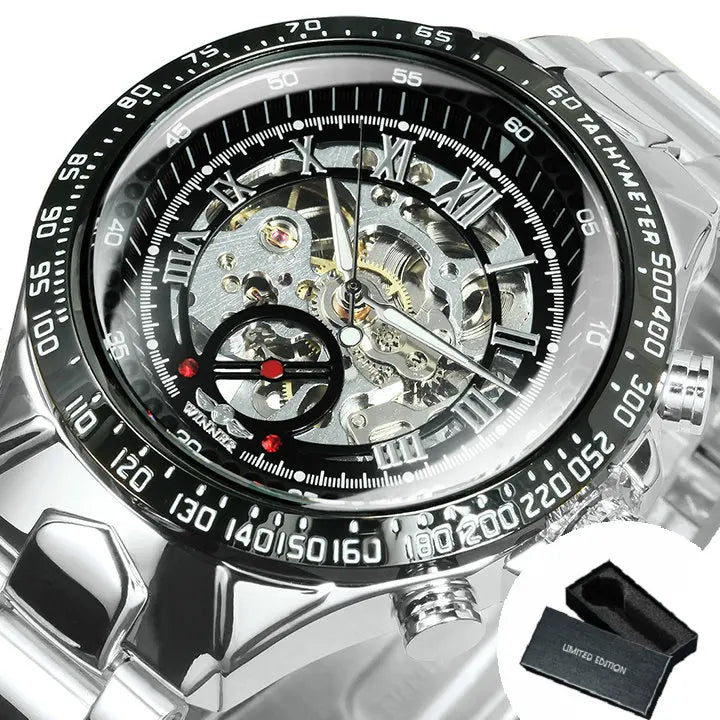 Reloj automático para hombre WINNER: modelo esqueleto transparente, agujas luminiscentes, correa de acero inoxidable, reloj mecánico de marca de lujo