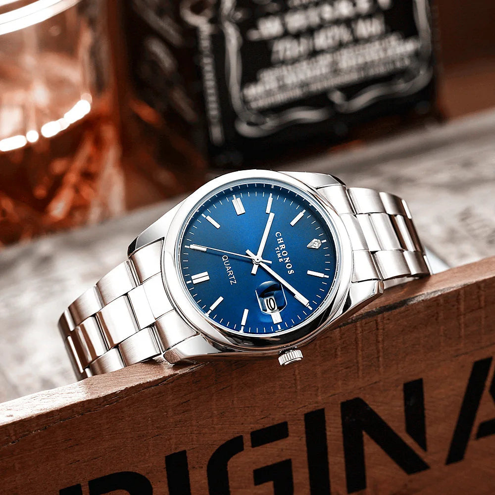 Montre-bracelet pour homme CHRONOS – Marque de luxe, étanche, lumineuse, avec affichage de la date, en acier inoxydable, à mouvement à quartz.