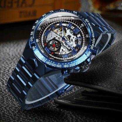 Reloj automático para hombre WINNER: modelo esqueleto transparente, agujas luminiscentes, correa de acero inoxidable, reloj mecánico de marca de lujo