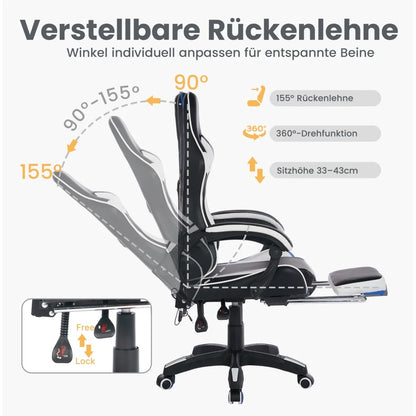 Ergonomic Rotating Gaming Chair, 360° Reclining Office Chair, Pivoting, Height-Adjustable, Footrest, Headrest