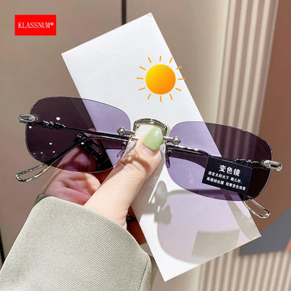 KLASSNUM Men Rimless Anti-Blue Light Glasses Photochromic Glasses Women Alloy Frame Ultra Light Computer Goggles Sunglasses 2025