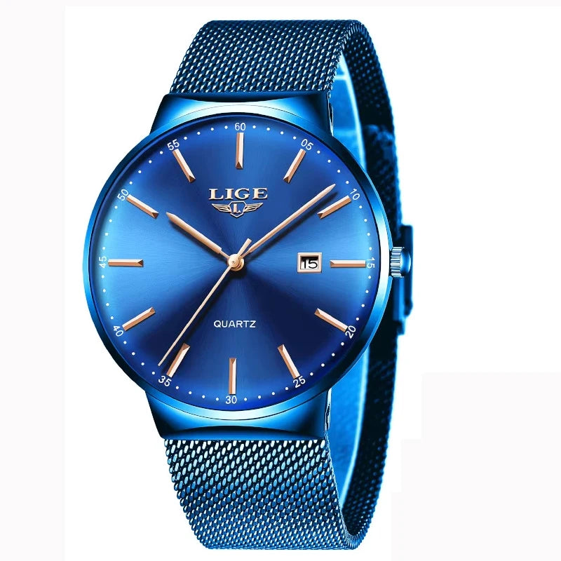LIGE Herrenuhr, elegantes und luxuriöses Modell, ultraflach, wasserdicht, mit Gliederarmband, Quarzwerk, Datums- und Kalenderanzeige – ideal für einen professionellen Look.