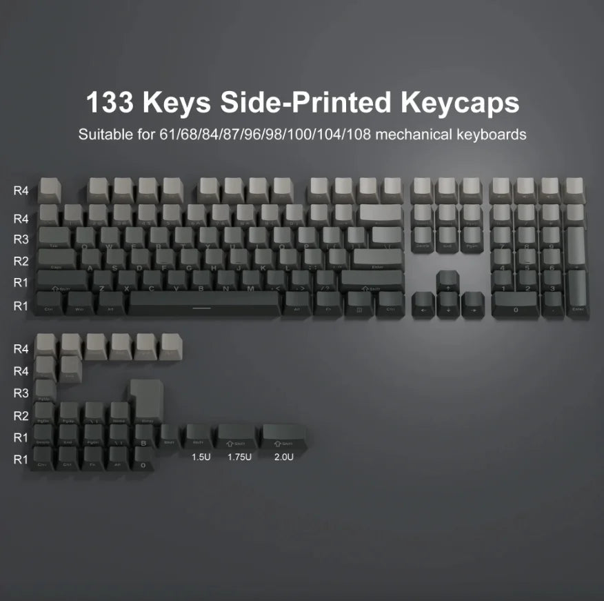 Novas Keycaps para Teclado Mecânico Gaming 60/64/84/98/108 com Switch MX, 135 Teclas OEM PBT, Gravação Lateral, Gradiente Vermelho e Preto