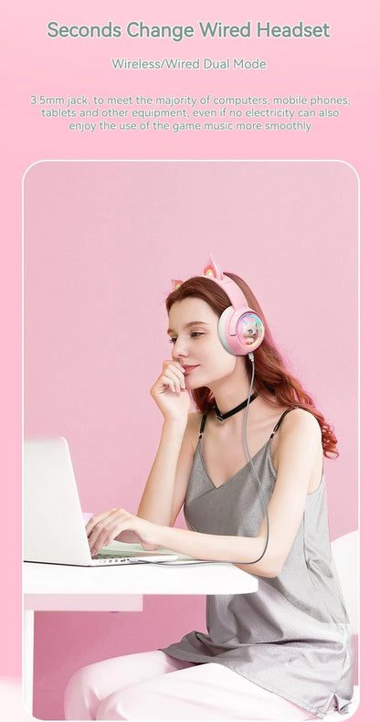ONIKUMA B5 Wireless Gaming Headset with Cat Ears, Surround Sound Over-Ear Headphones with Microphone for PC, Laptop & Gaming
