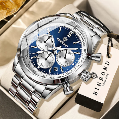 Montre à quartz BINBOND pour homme, élégante, robuste et précise, avec date automatique, chronographe, lumineuse et étanche. Style décontracté.