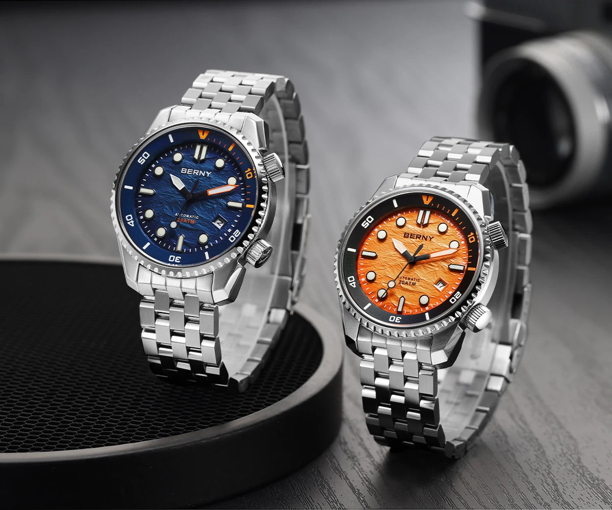 BERNY Automatic Diver Watch for Men Top Luxury Sapphire 316L Steel Blue Dial 200M Waterproof Mechanical Diving Men's Watches