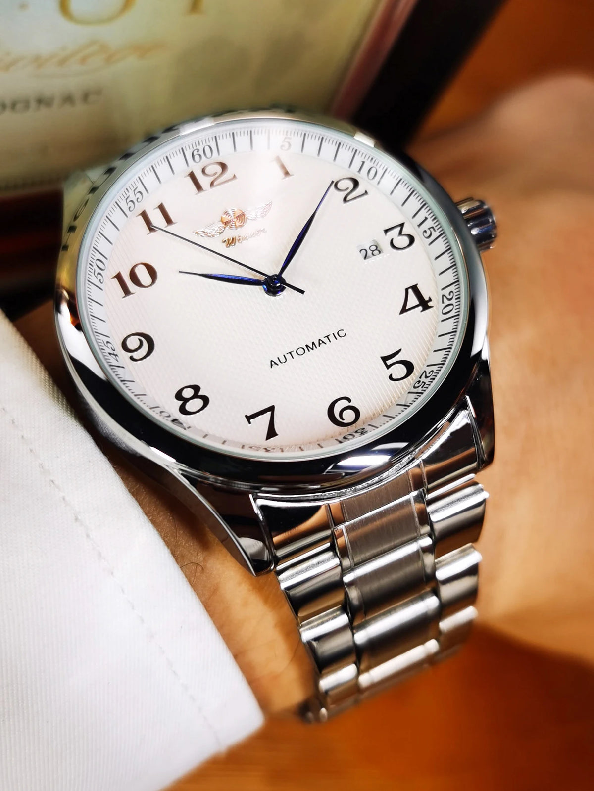 WINNER Men’s Watch – Classic, retro and elegant style – Automatic mechanical watch with date display – Luxury brand, steel case and leather strap