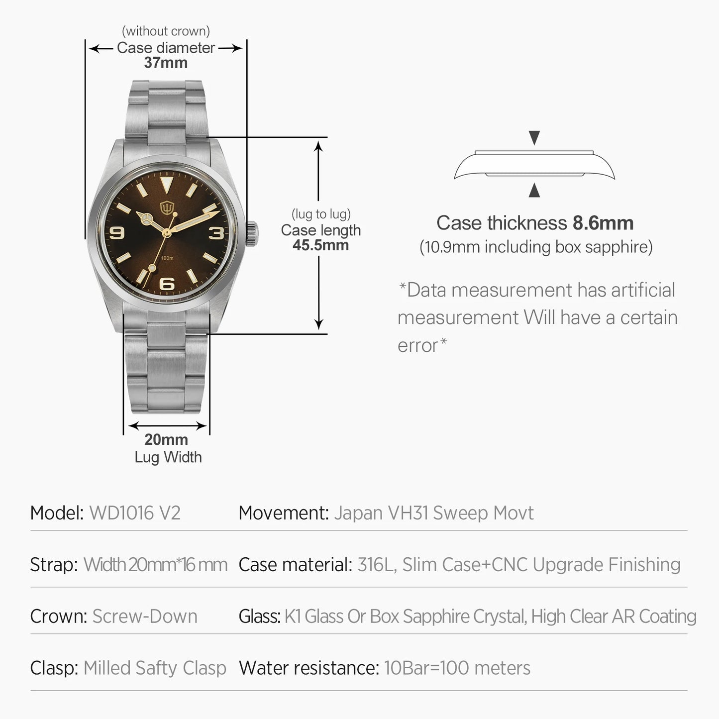 Relógio Watchdives WD1016 V3 37mm com movimento VH31 Sweep em aço inoxidável, safira de luxo, impermeável 100m, relógio para homem com caixa de oferta