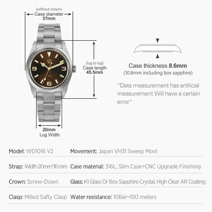 Relógio Watchdives WD1016 V3 37mm com movimento VH31 Sweep em aço inoxidável, safira de luxo, impermeável 100m, relógio para homem com caixa de oferta