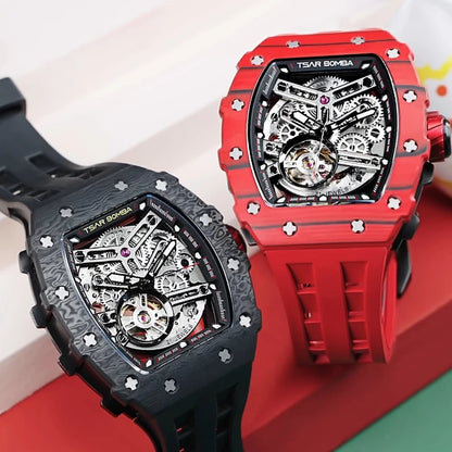 TSAR BOMBA Carbon Fiber Automatic Mechanical Watch for Men Waterproof Skeleton Mens Watches Top Brand Luxury Wristwatches