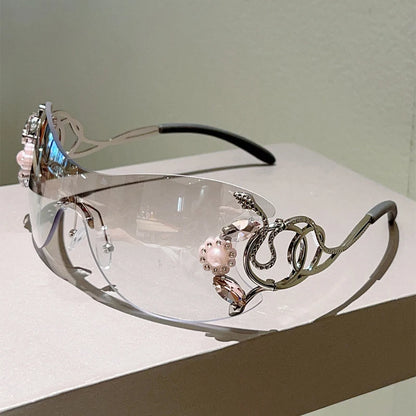 KAMMPT Rimless Y2k Sunglasses with Rhinestones Women Fashion Monoblock Outdoor Decor Shades Trendy Design Gradient Sun Glasses