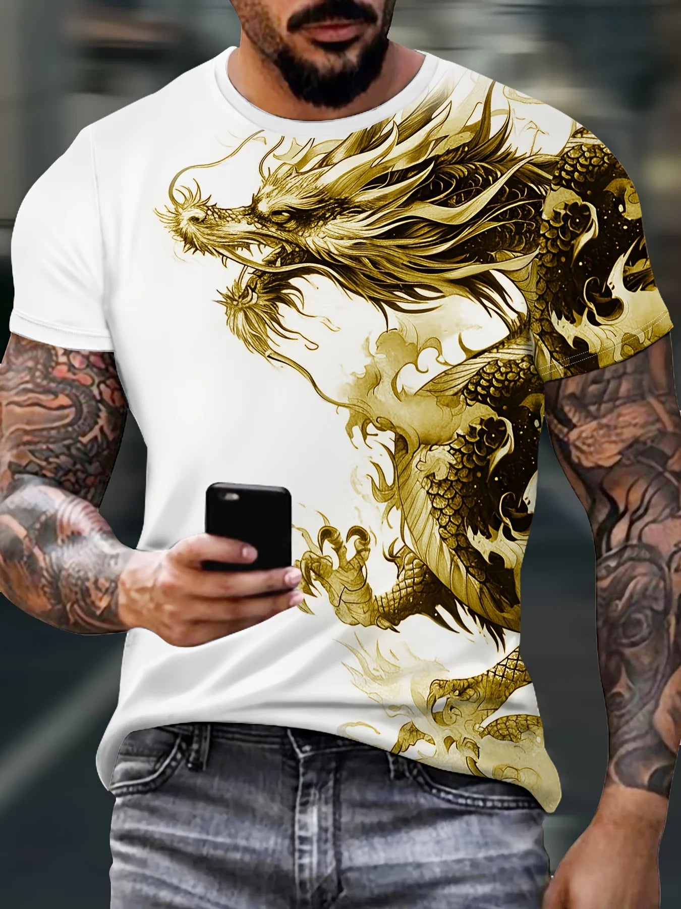 Heren T-shirt met drakenprint, casual ademende stof, grafisch T-shirt in streetstyle, outdoor fashion, shirt met korte mouwen, heren T-shirts