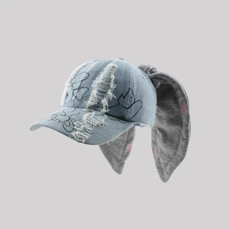 Celebrity-Inspired Niche Rabbit Ear Denim Ripped Baseball Cap Washed Graffiti Hip-Hop Sun Hat Trendy Cap