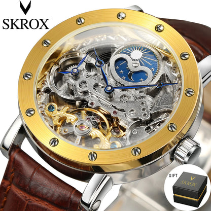 Męski zegarek na rękę SKROX z mechanizmem automatycznym, model szkieletowy z funkcją GMT, fazami księżyca i tourbillonem – elegancki i oryginalny zegarek luksusowy z najwyższej półki.
