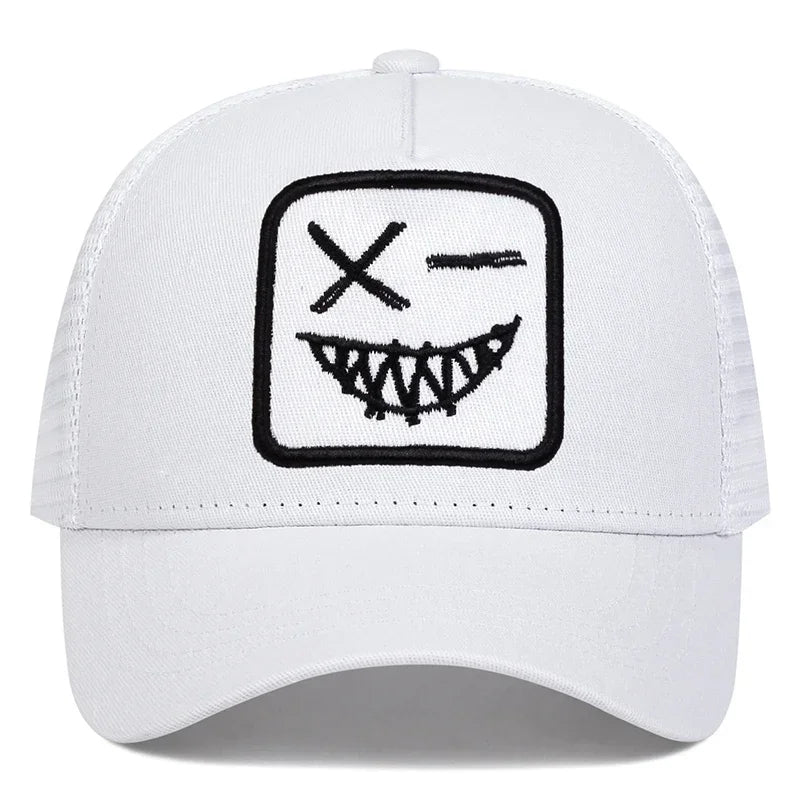 Unisex X Baseball-Netzkappen mit Stickerei eines lächelnden Gesichts und Zähnen – Sonnenhut für Frühling und Sommer, im Freien, mit Sonnenschutz, verstellbare Freizeit-Trucker-Kappen