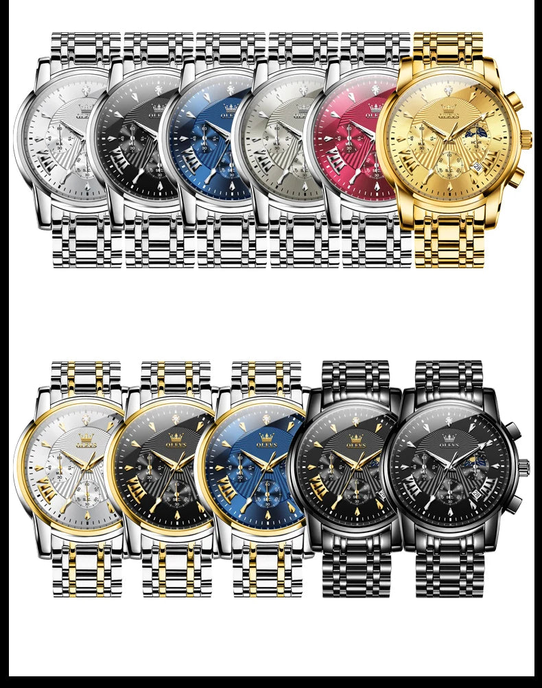 OLEVS Brand Fashion Red Watch For Men Luxury Sport Waterproof Stainless Steel Chronograph Quartz Watches Mens Relogio Masculino
