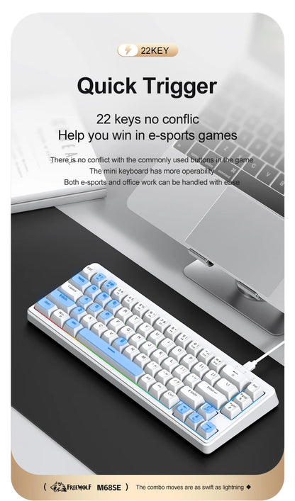 FREEWOLF M68SE 68% Mini Wired Keyboard RGB Backlit Silent Mechanical Feel Type-C Detachable Cable for PC Mac