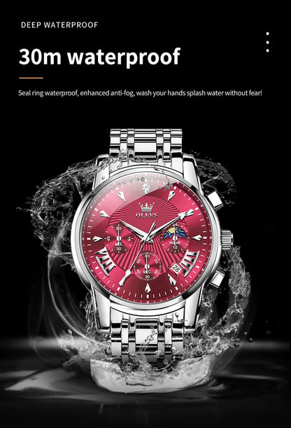 OLEVS Brand Fashion Red Watch For Men Luxury Sport Waterproof Stainless Steel Chronograph Quartz Watches Mens Relogio Masculino