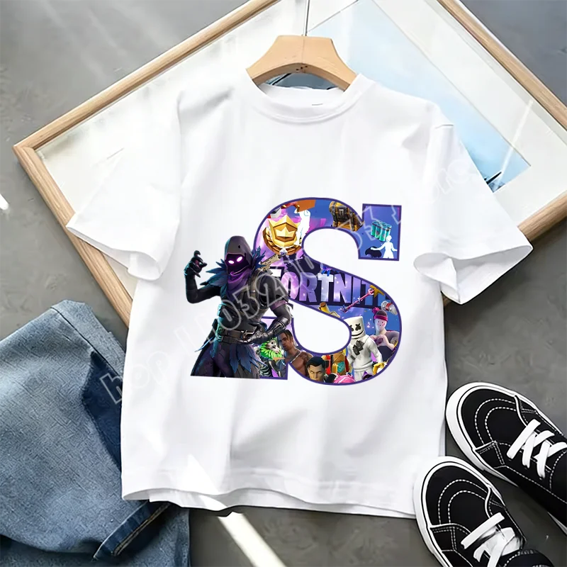 Fortnite A-Z Alphabet Print T Shirt Summer Kids White Clothing Popular Cartoon Game T Shirt Fashion Casual Short Sleeve Top Gift