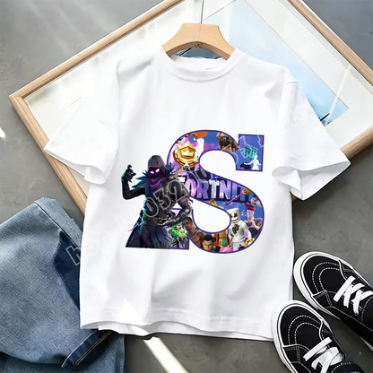 Fortnite A-Z Alphabet Print T Shirt Summer Kids White Clothing Popular Cartoon Game T Shirt Fashion Casual Short Sleeve Top Gift