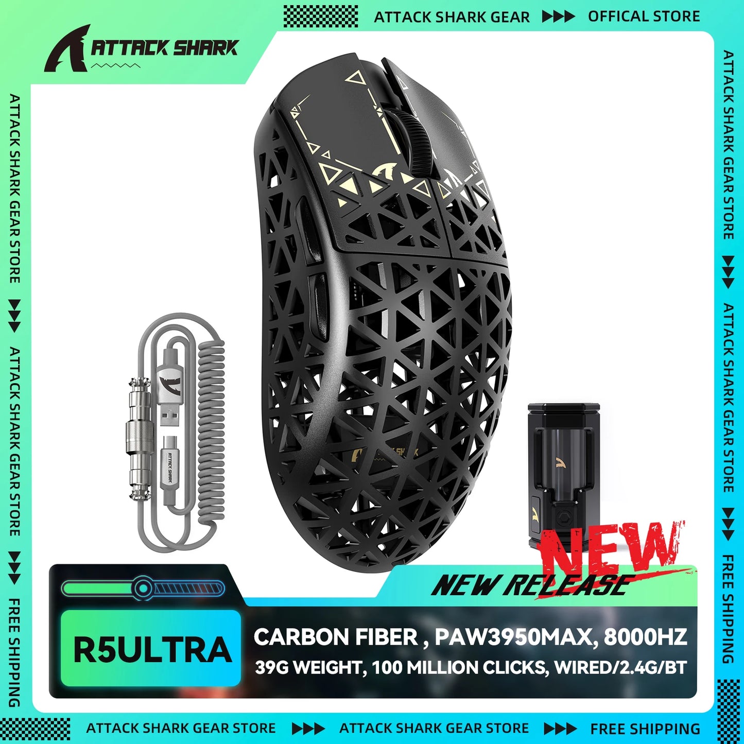 ATTACK SHARK R5Ultra Carbon Fiber Wireless 8K PAW3950MAX Gaming Mouse with 8K Coiled Cable,