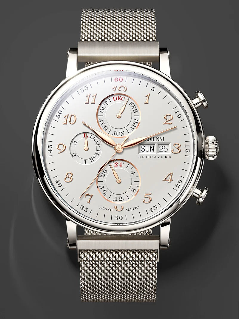 Relógio masculino mecânico automático LOBINNI Luxury Brand Switzerland com calendário perpétuo, vidro de safira e mostrador multifunções L13019-8