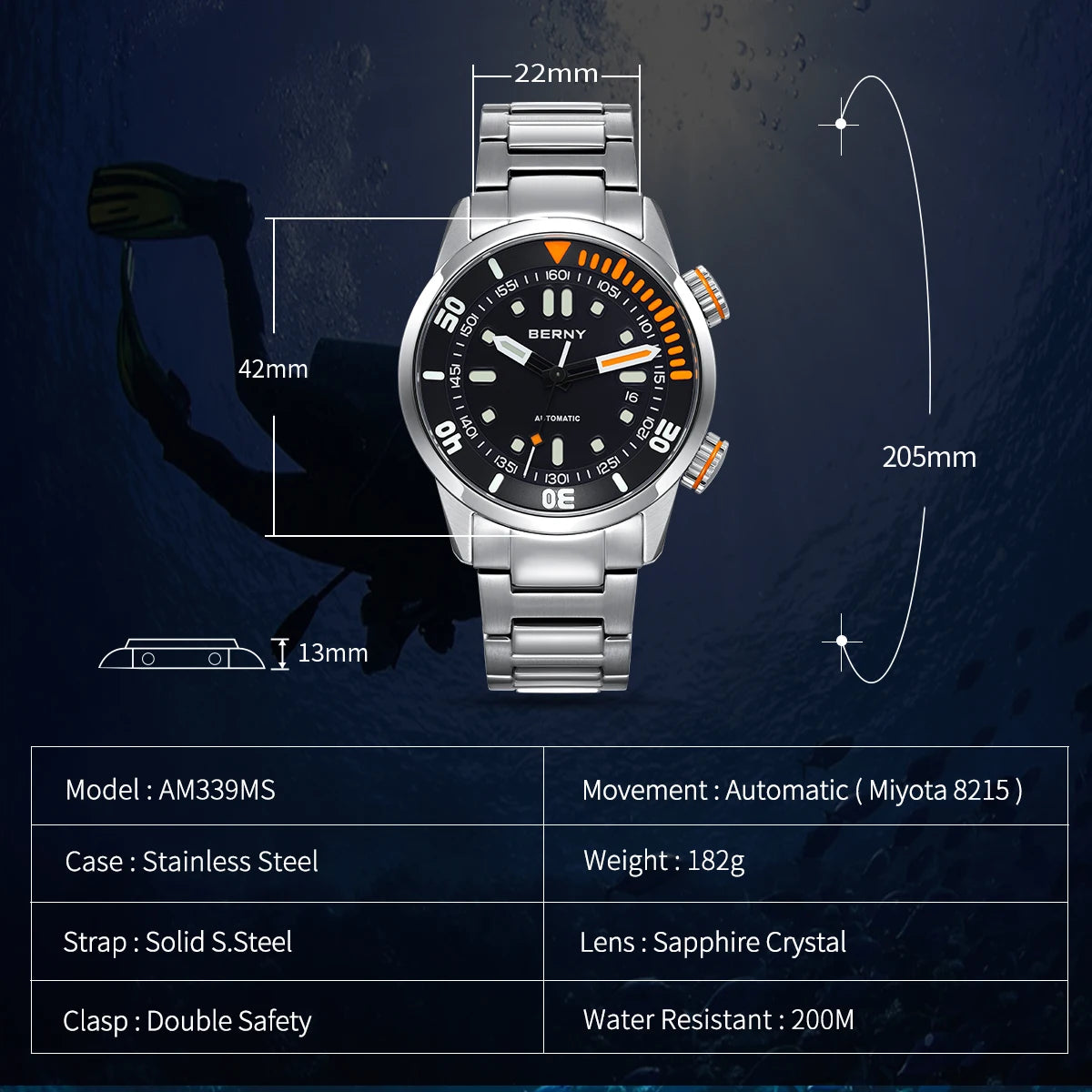 BERNY Automatic Dive Watch for Men Super Luminous 20ATM Diver Wristwatch Original Top Sapphire Swim Sport Mechanical Male Watch