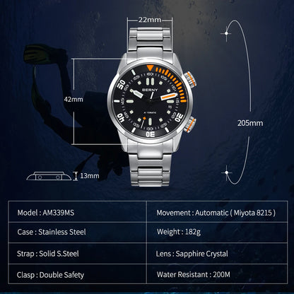 BERNY Automatic Dive Watch for Men Super Luminous 20ATM Diver Wristwatch Original Top Sapphire Swim Sport Mechanical Male Watch