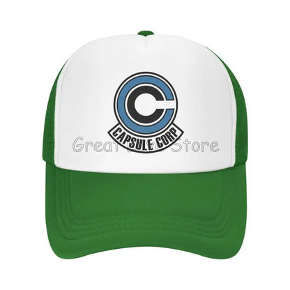 „Capsule Corp“ tinklinės beisbolo kepurės, unisex, hip-hop stiliaus „trucker“ kepurės, anime DBZ stiliaus „dad hat“ kepurės, reguliuojamos lenktyninės kepurės, vasarinės „trucker“ kepurės su užsegimu