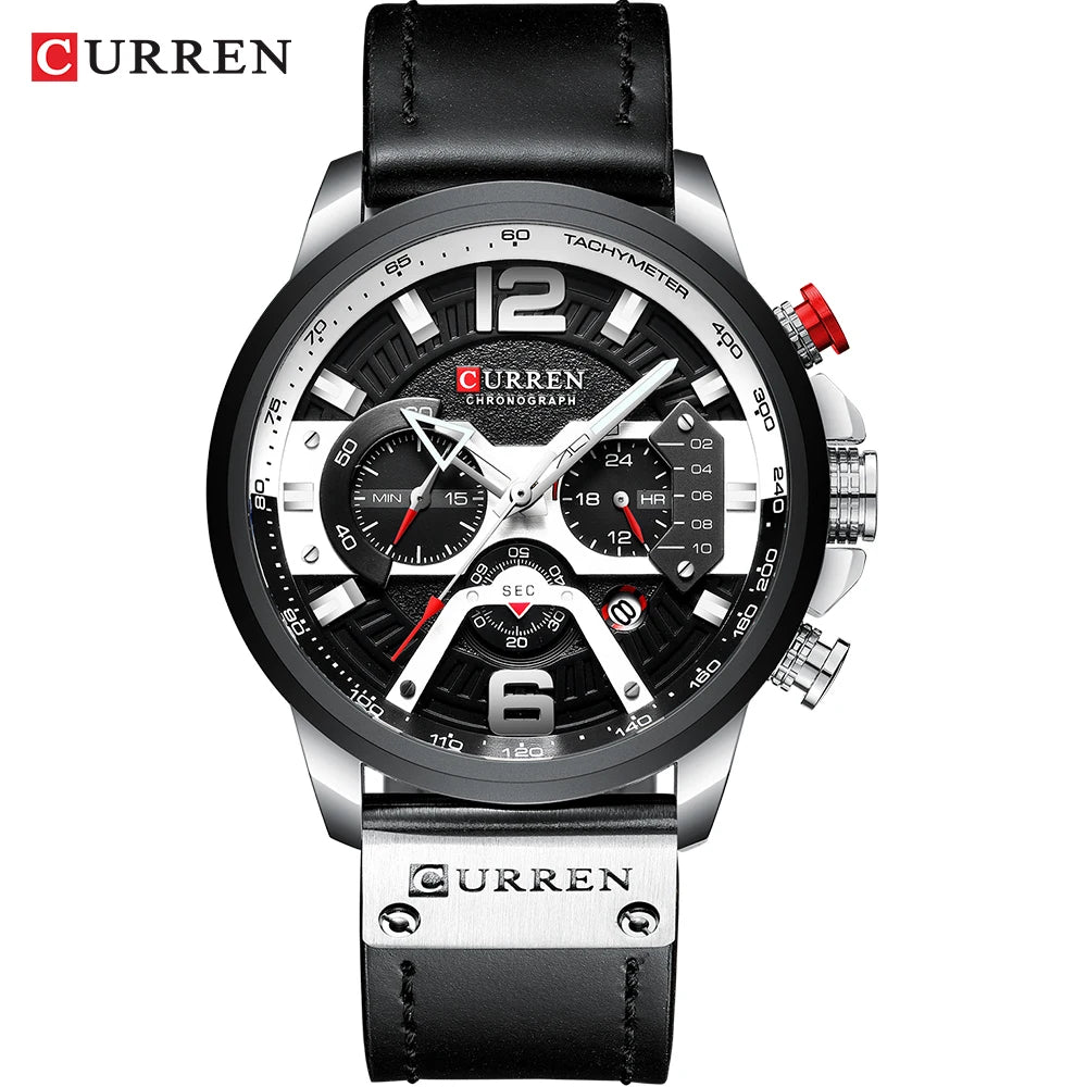 CURREN 8329 herreur – Afslappet sportsstil, militærinspireret design, læderrem, trendy kronograf, luksusur fra et kendt mærke