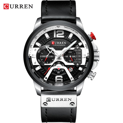 CURREN 8329 herreur – Afslappet sportsstil, militærinspireret design, læderrem, trendy kronograf, luksusur fra et kendt mærke