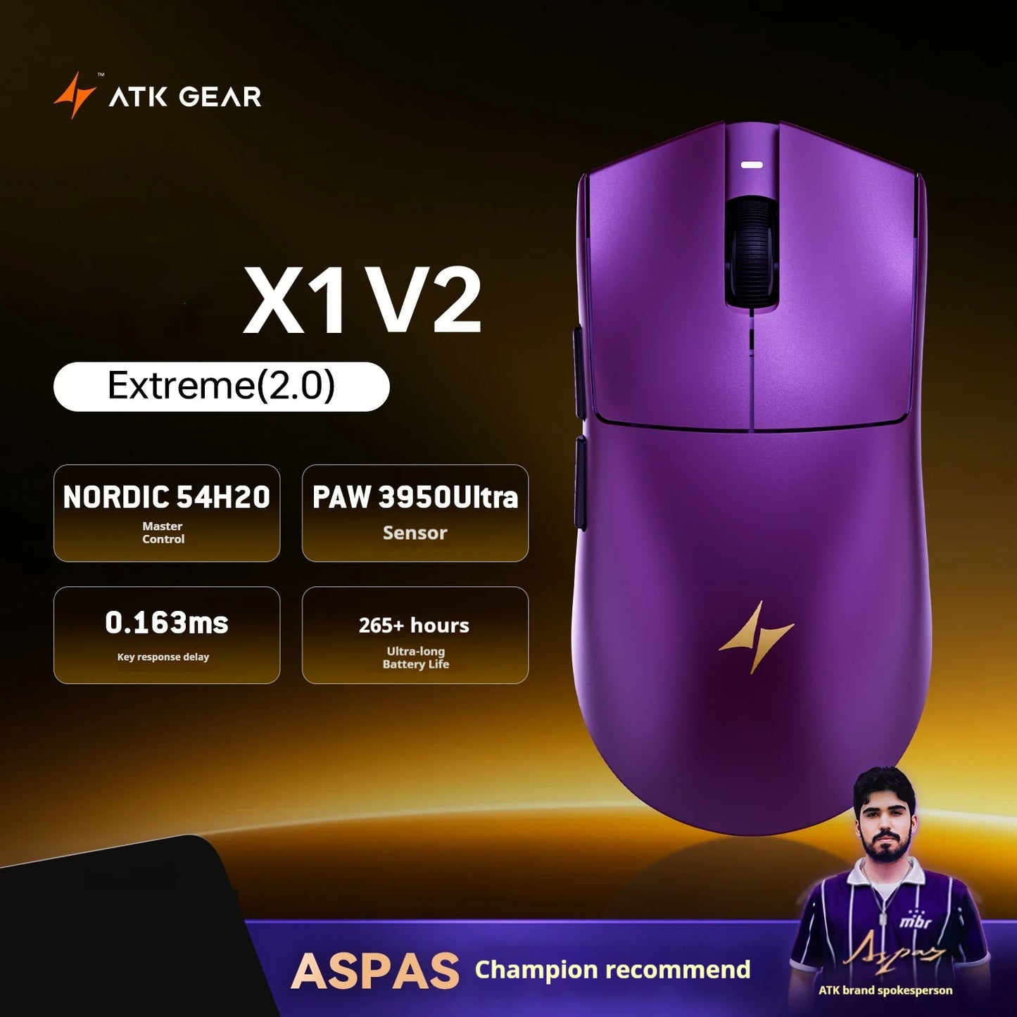 Rato Gaming Sem Fios ATK X1 V2 Ultimate 2.0 Paw3950 Utrla 54g Leve 750ips 0.163ms Baixa Latência 650ips — Novo Acessório para Oferta