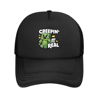 blocky adventurer discover a Creepers monster behind him Trucker Cap Sun Hats Cap Adjustable Snapback Caps Mesh Baseball Cap