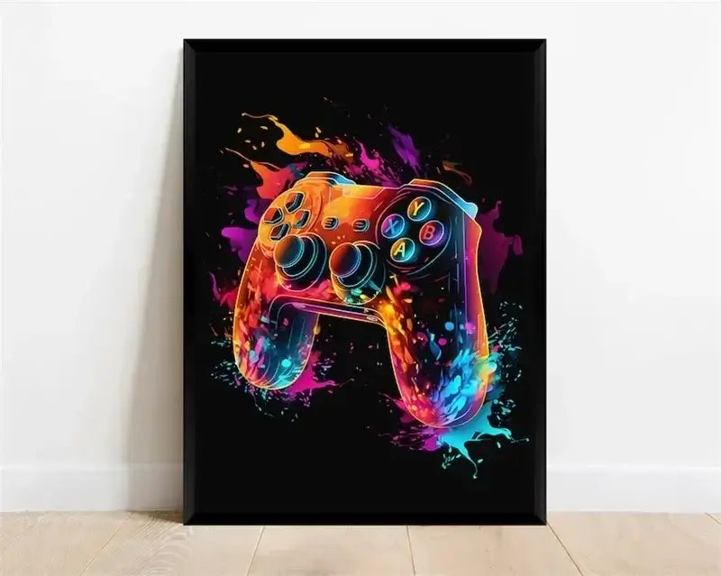 Pop-Neon-Poster mit Videospiel-Charakter, Gamepad, Kopfhörern, Fußball und Basketball – Leinwanddruck, Wandkunst-Dekor für das Gaming-Zimmer