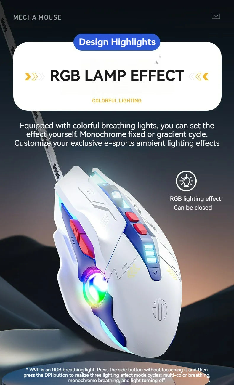 Inphic W9P Wired Mouse Mecha Style 12800DPI Adjustment RGB Lighting Effect Macro Programming E-sports Office Usb Mouse